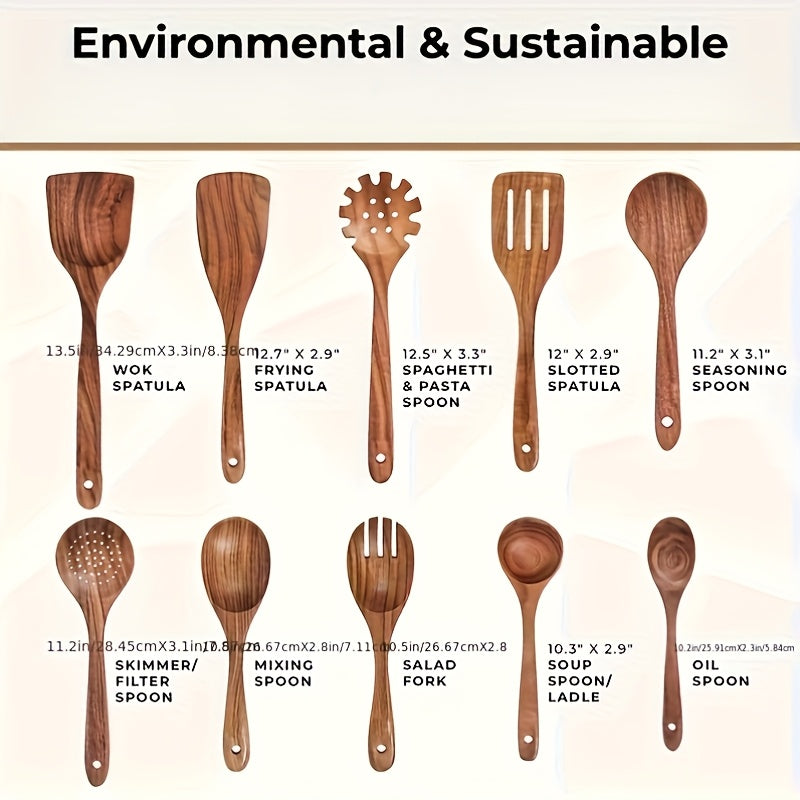 10-piece natural teak wood kitchen utensil set with spoons and shovels for home cooking — view 4