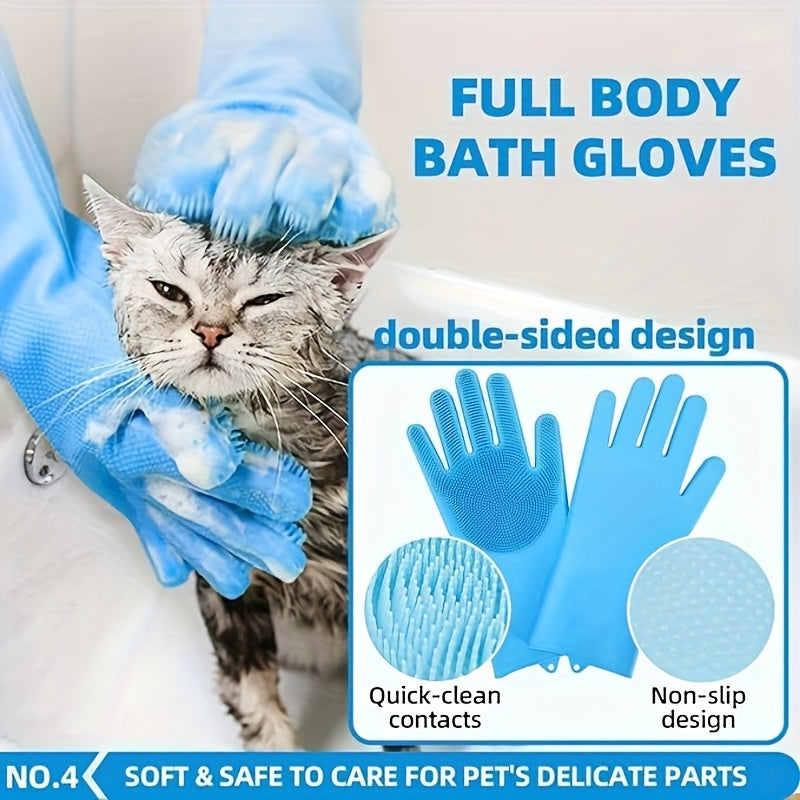 Blue 6-piece dog bath brush grooming kit with shedding brush, washing gloves, and soft drying towel — view 2