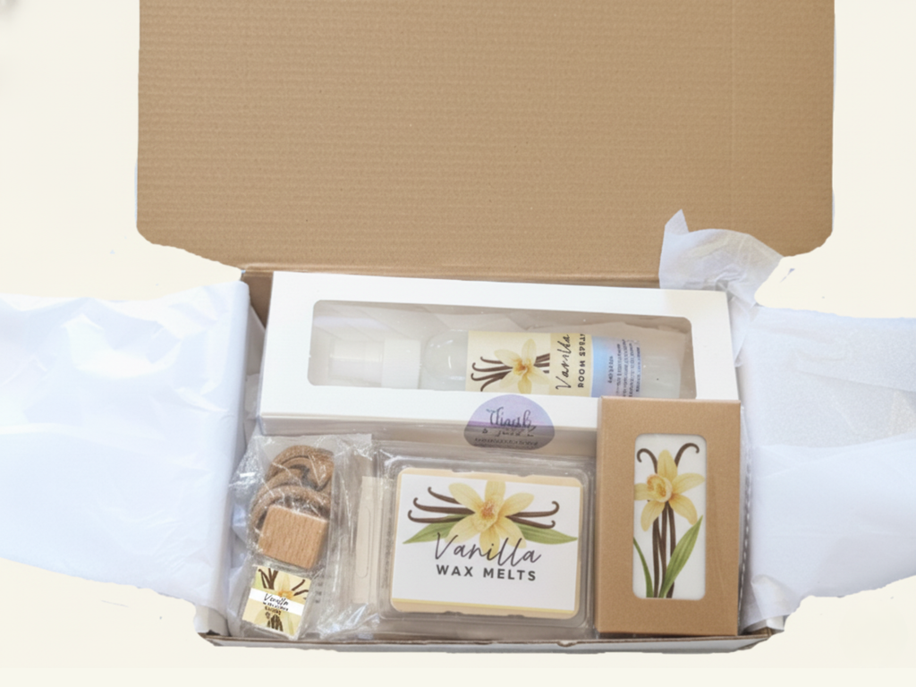 Vanilla comfort gift box with room spray, wax melts, and car diffuser in elegant packaging — view 3