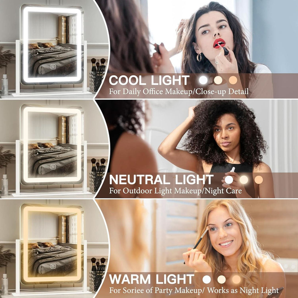 LED lighted vanity mirror with aluminum frame and smart touch controls on a desktop. — view 3