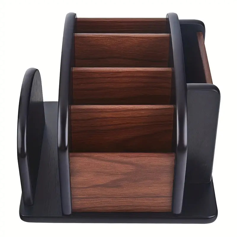Wooden desktop organizer box with compartments for pens, remotes, and office desk accessories. — view 2