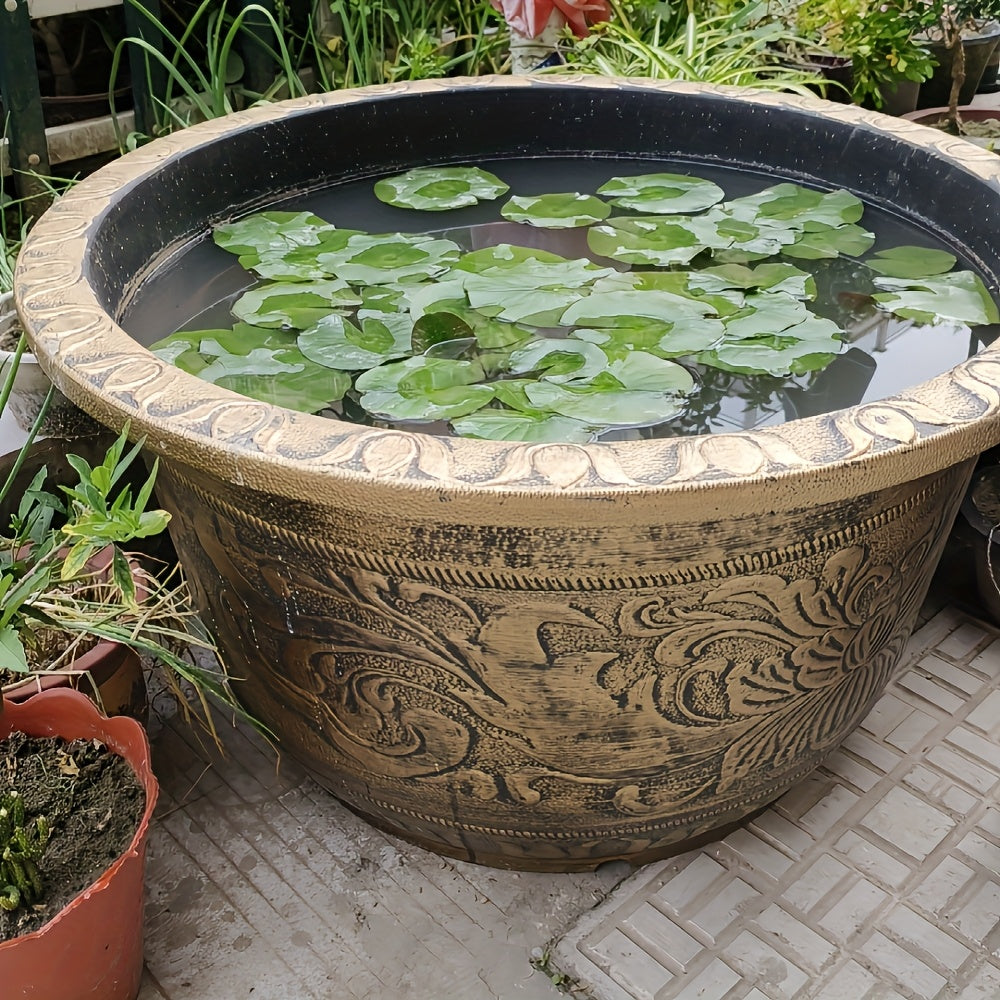 Round bronze resin planter pot with geometric pattern for garden and outdoor decor styling — view 5