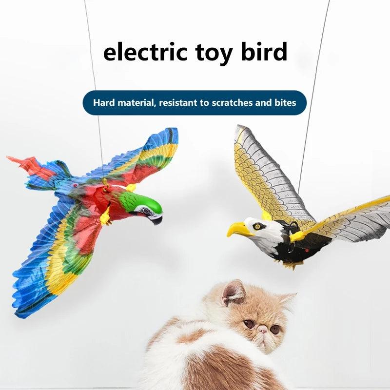 Interactive hanging bird cat toy made of durable plastic featuring a colorful flying bird design