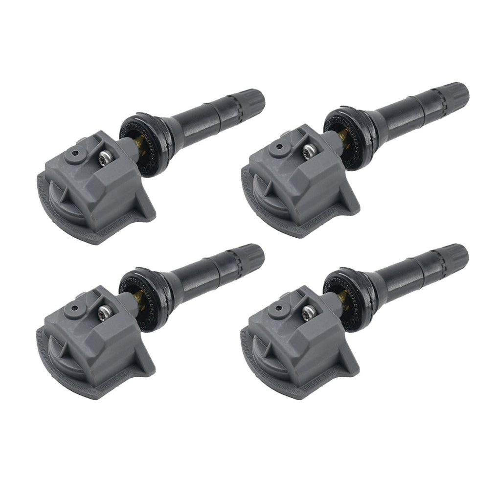 Set of four black automotive tire pressure monitoring sensors with metal valves.