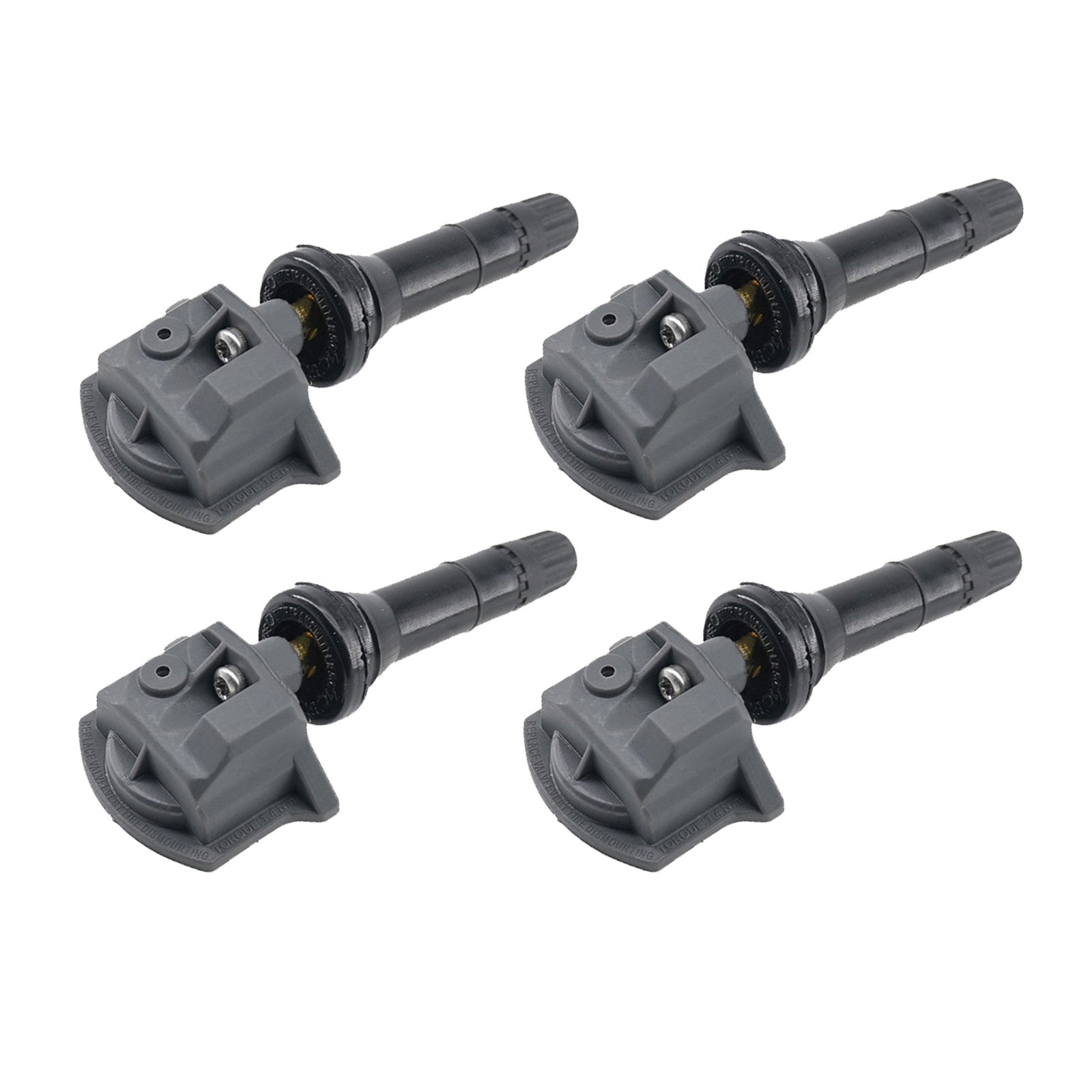 Set of four black automotive tire pressure monitoring sensors with metal valves.