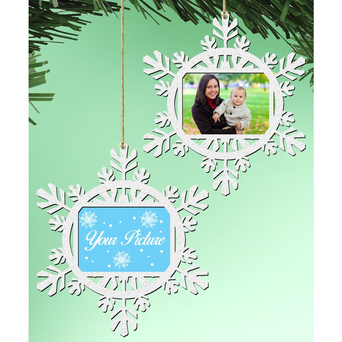 Handcrafted wooden snowflake picture frame ornament displaying a family photo for Christmas tree decor