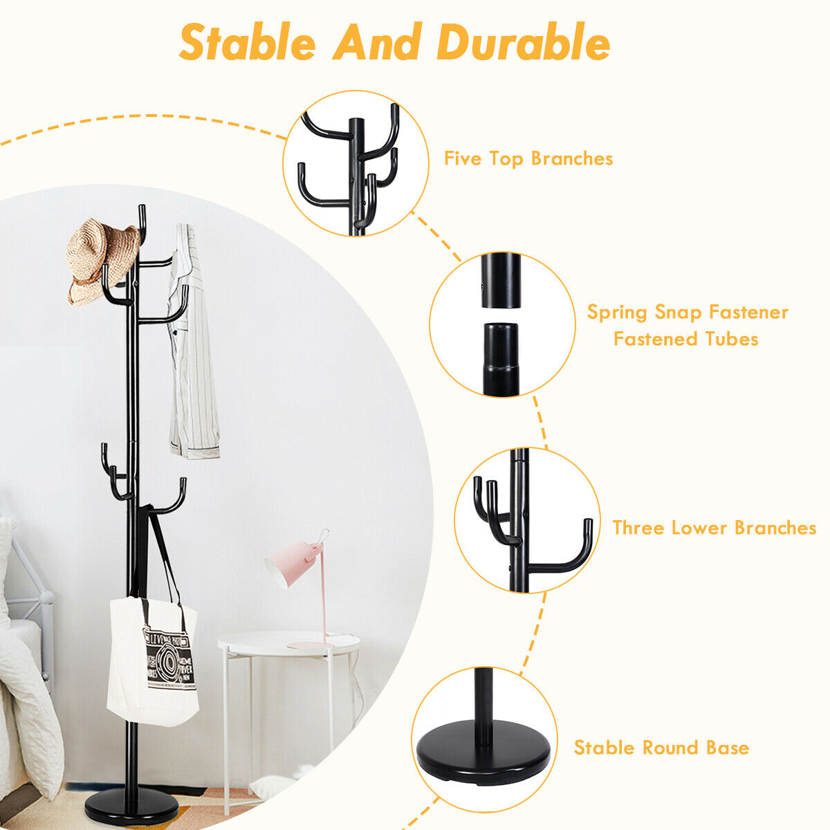 Black freestanding metal coat rack stand with 8 hooks and a round base for entryways — view 3
