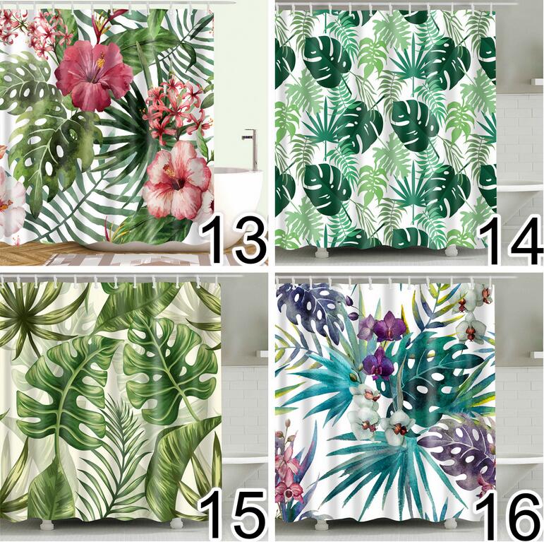 Waterproof tropical plant fabric shower curtain with rust-proof metal hooks for bathroom decor — view 4