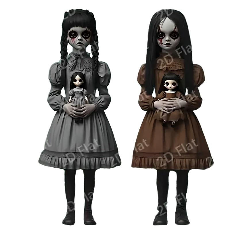Gothic horror girl yard decor set featuring two spooky 2D flat silhouette dolls on poles