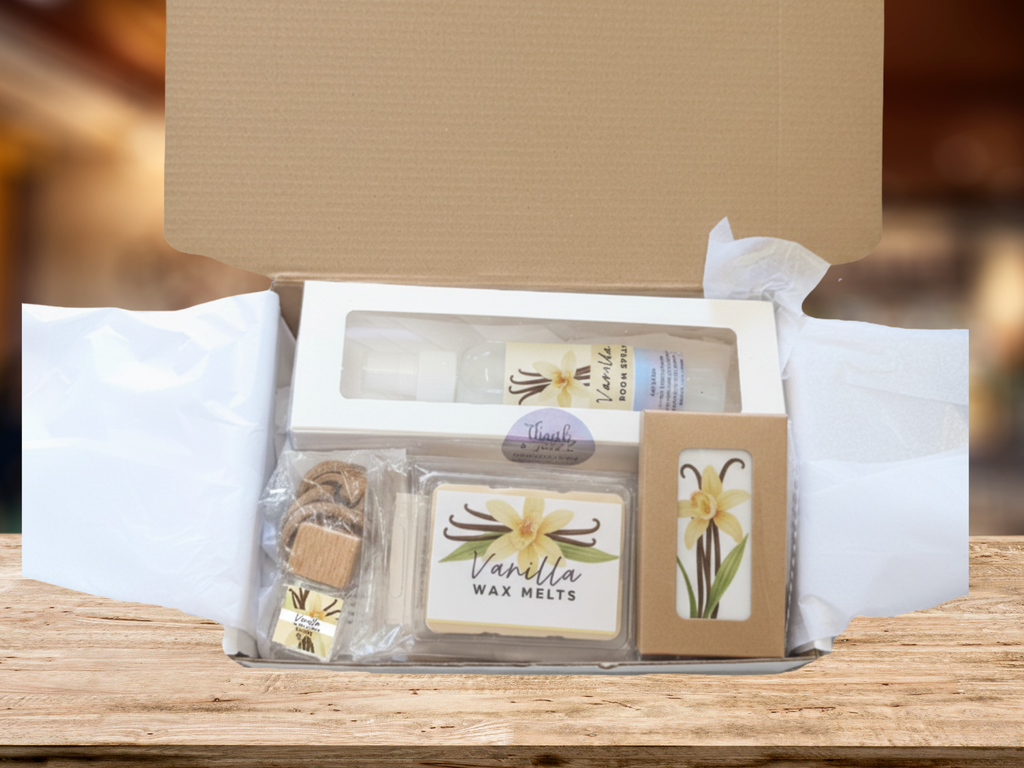Vanilla comfort gift box with room spray, wax melts, and car diffuser in elegant packaging — view 2