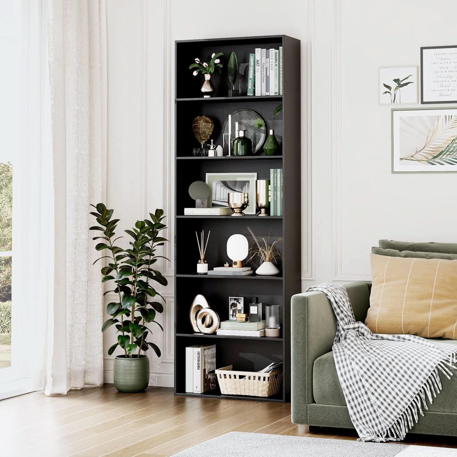 Tall six tier black open bookcase freestanding shelving unit with modern home decor — view 2