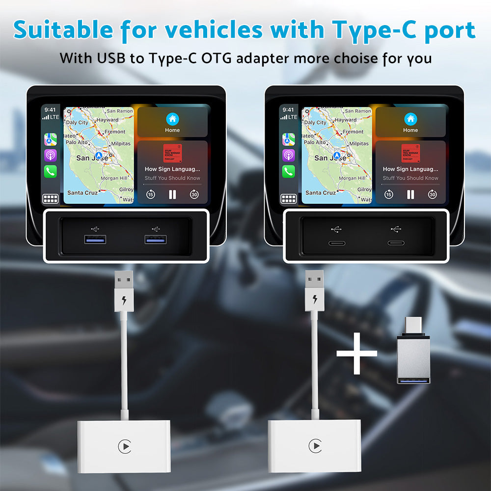 White plastic wireless CarPlay adapter dongle with Type-C adapter for car navigation systems — view 2