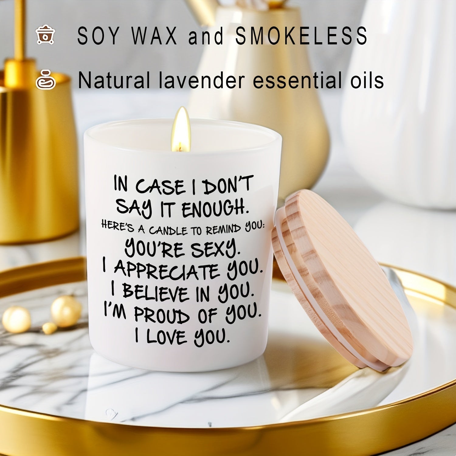 Lavender scented soy wax candle in an elegant round clear glass jar with single wick — view 2