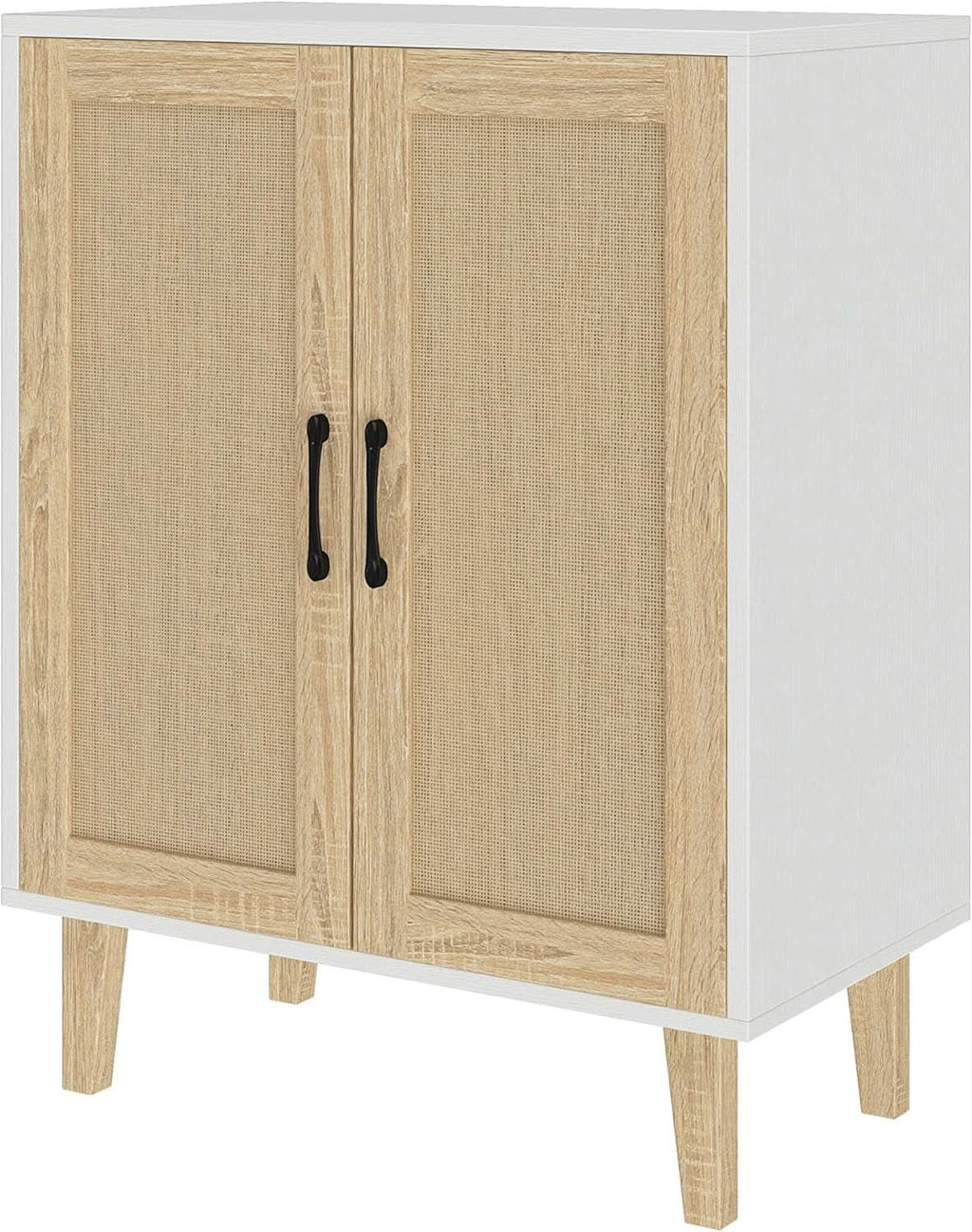 White buffet cabinet sideboard with woven natural rattan doors and modern metallic alloy handles — view 2