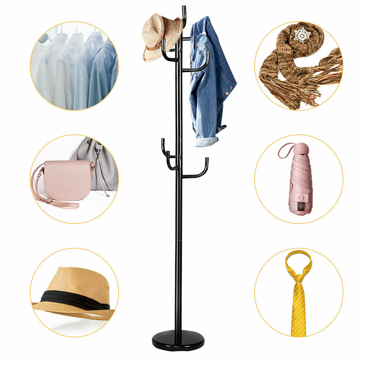 Black freestanding metal coat rack stand with 8 hooks and a round base for entryways — view 5