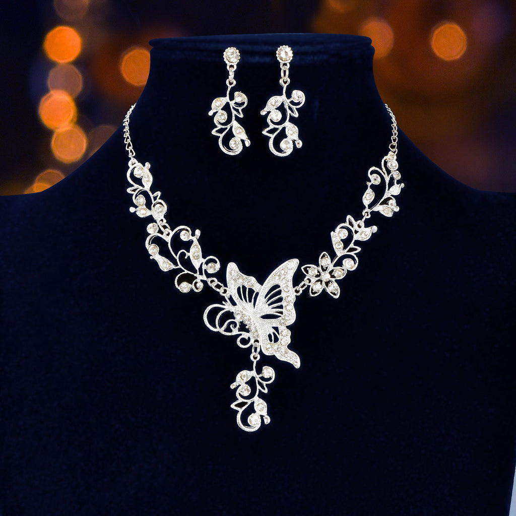 Silver-toned flower and butterfly collar necklace with matching drop earrings elegant anniversary jewelry set — view 2
