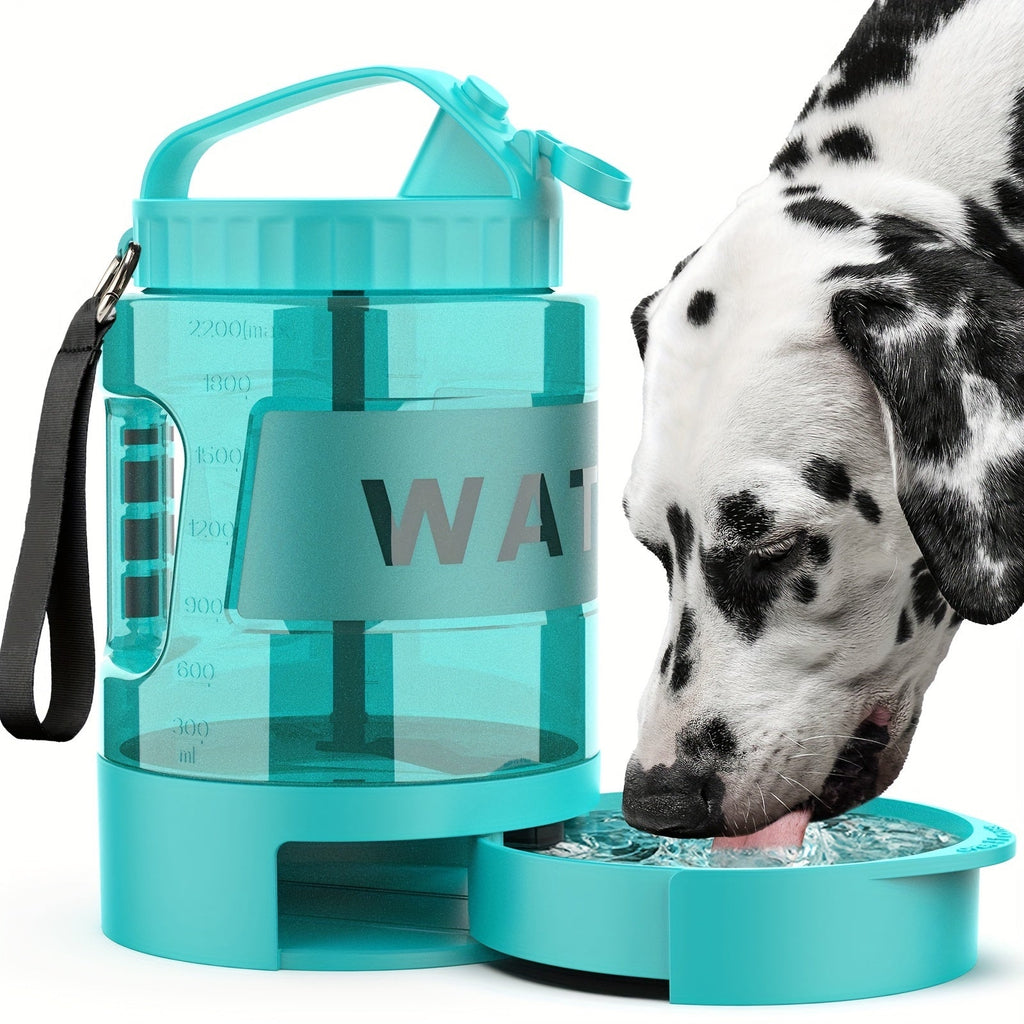 Dog travel water dispenser bottle in lake blue with pull-out drinking bowl and carry handle — view 2