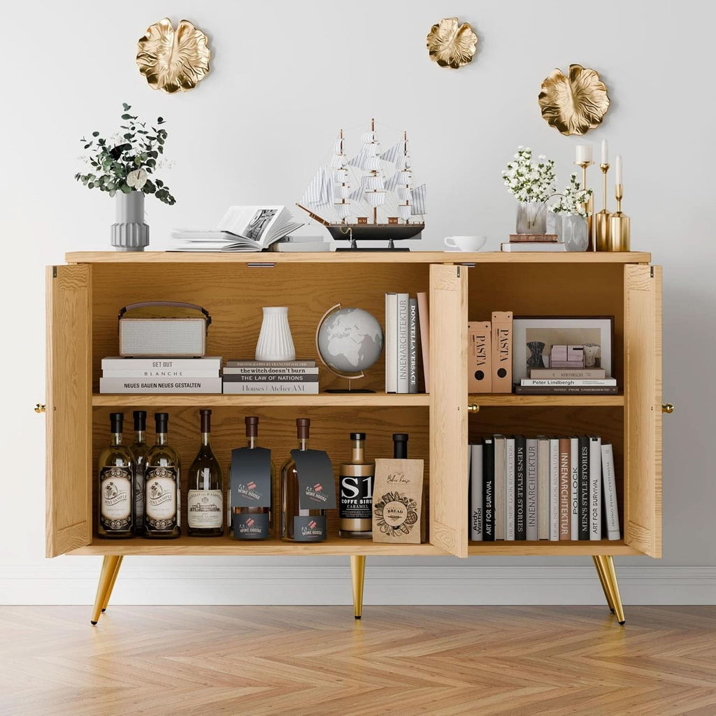 Natural rattan buffet cabinet pair with woven doors, gold handles, and adjustable shelves — view 3