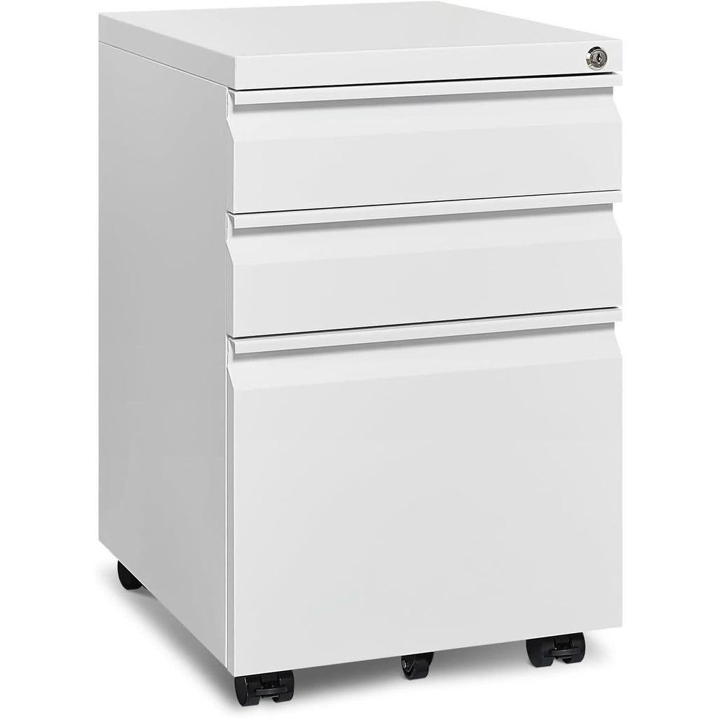 White rolling file cabinet with three secure drawers and matte black accents for office storage. — view 2