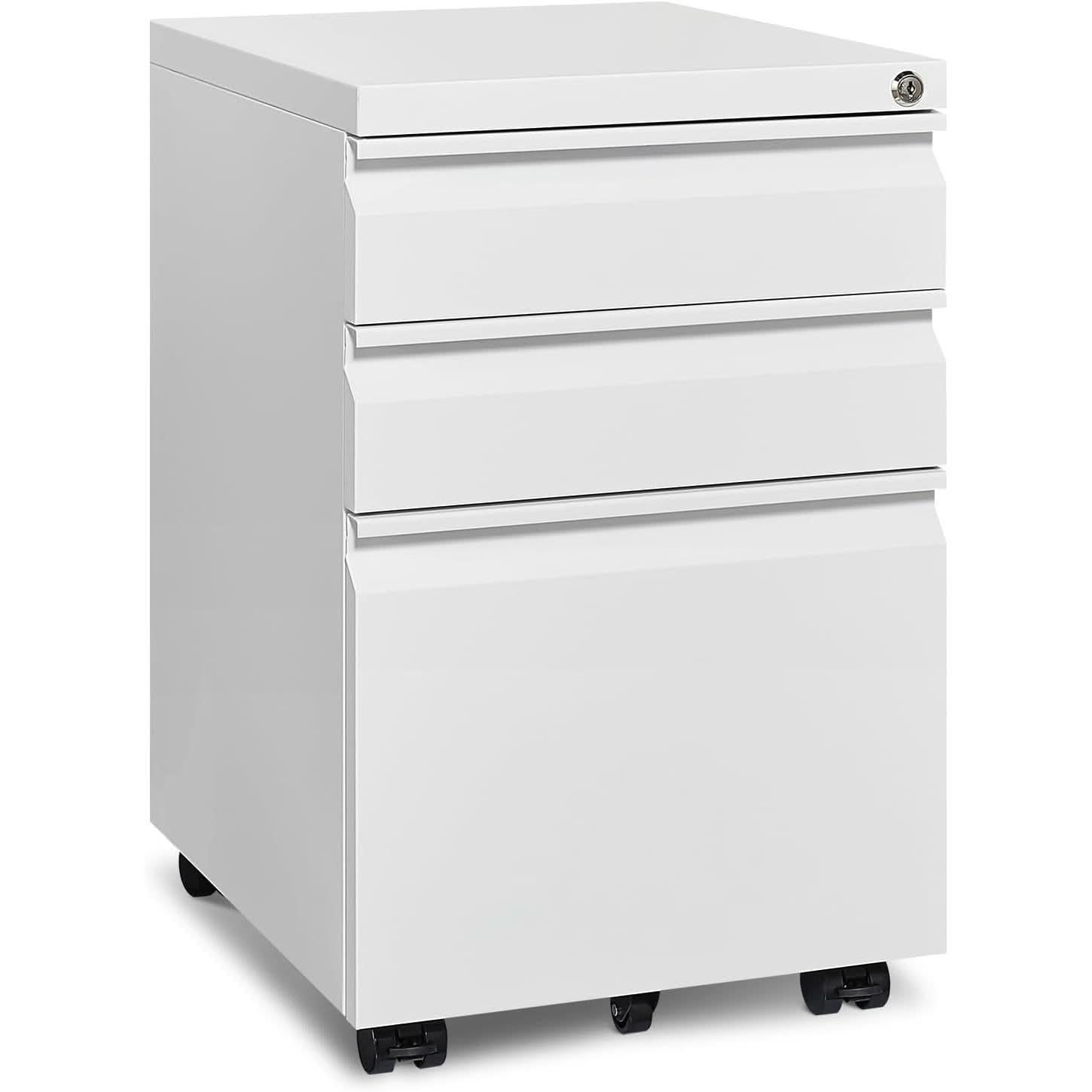 White rolling file cabinet with three secure drawers and matte black accents for office storage. — view 2