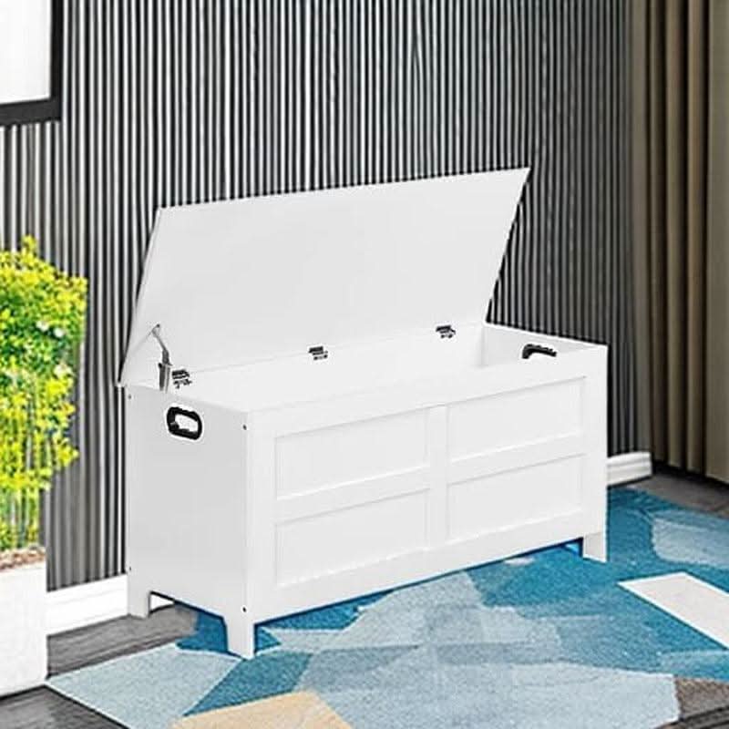 White wooden toy storage bench with closed lid, engineered wood seating, and hollow side handles — view 5