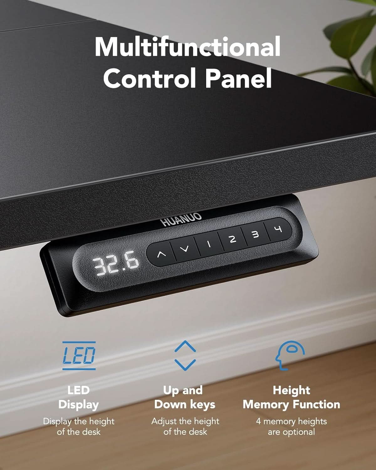 Black 48 inch electric standing desk with steel frame, programmable keypad, and dual storage hooks — view 4