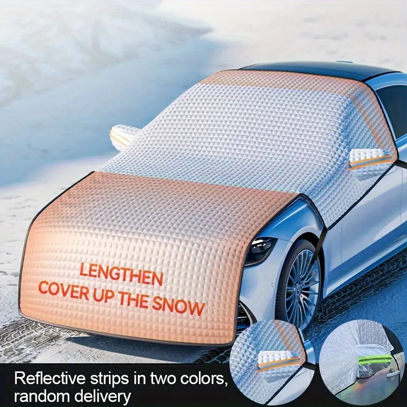 Universal car snow shield in silvery finish covering a vehicle windshield for winter ice protection — view 4