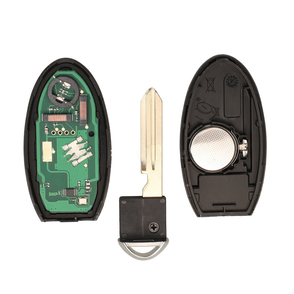 Two black smart remote key fobs with uncut blades and two lock unlock buttons — view 4