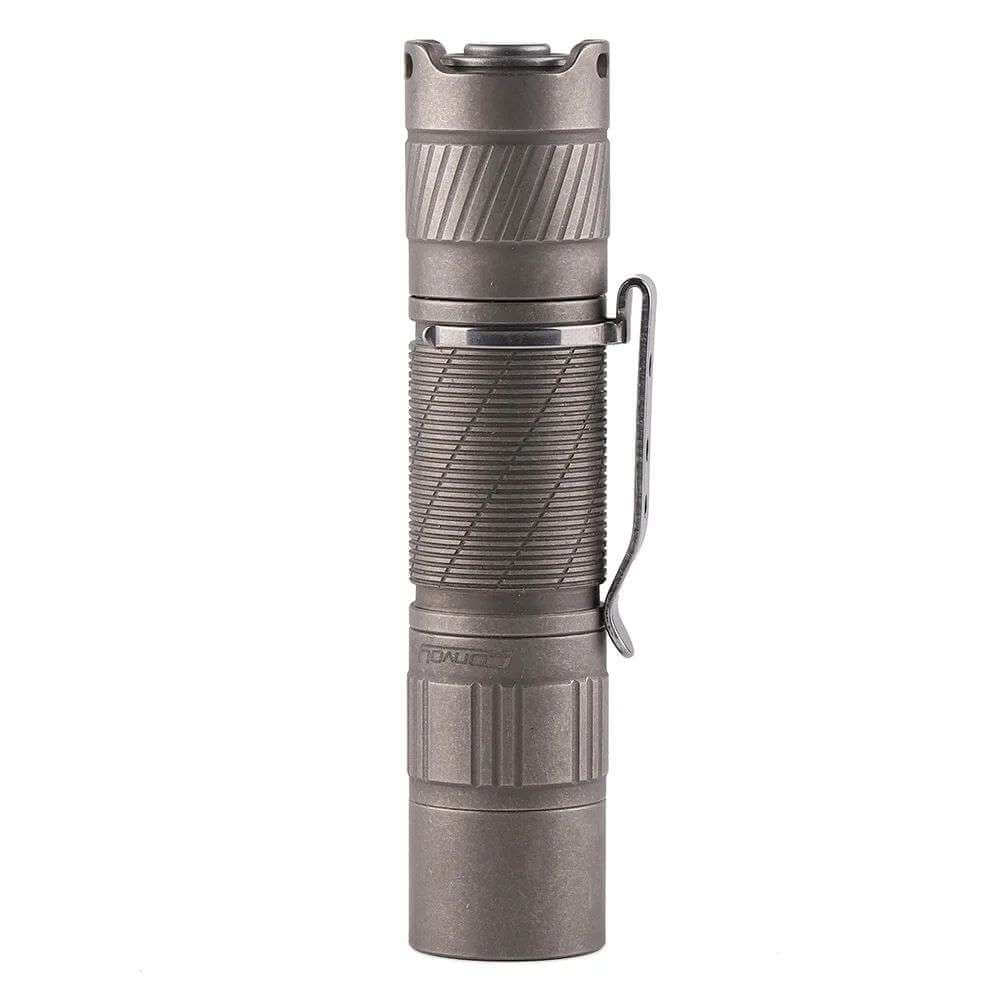 Compact Convoy T3 Ti titanium EDC flashlight with metal pocket clip and lanyard — view 3