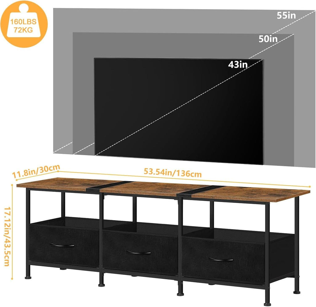 Brown industrial TV stand with metal frame, wood top, open shelves, and fabric storage drawers. — view 2