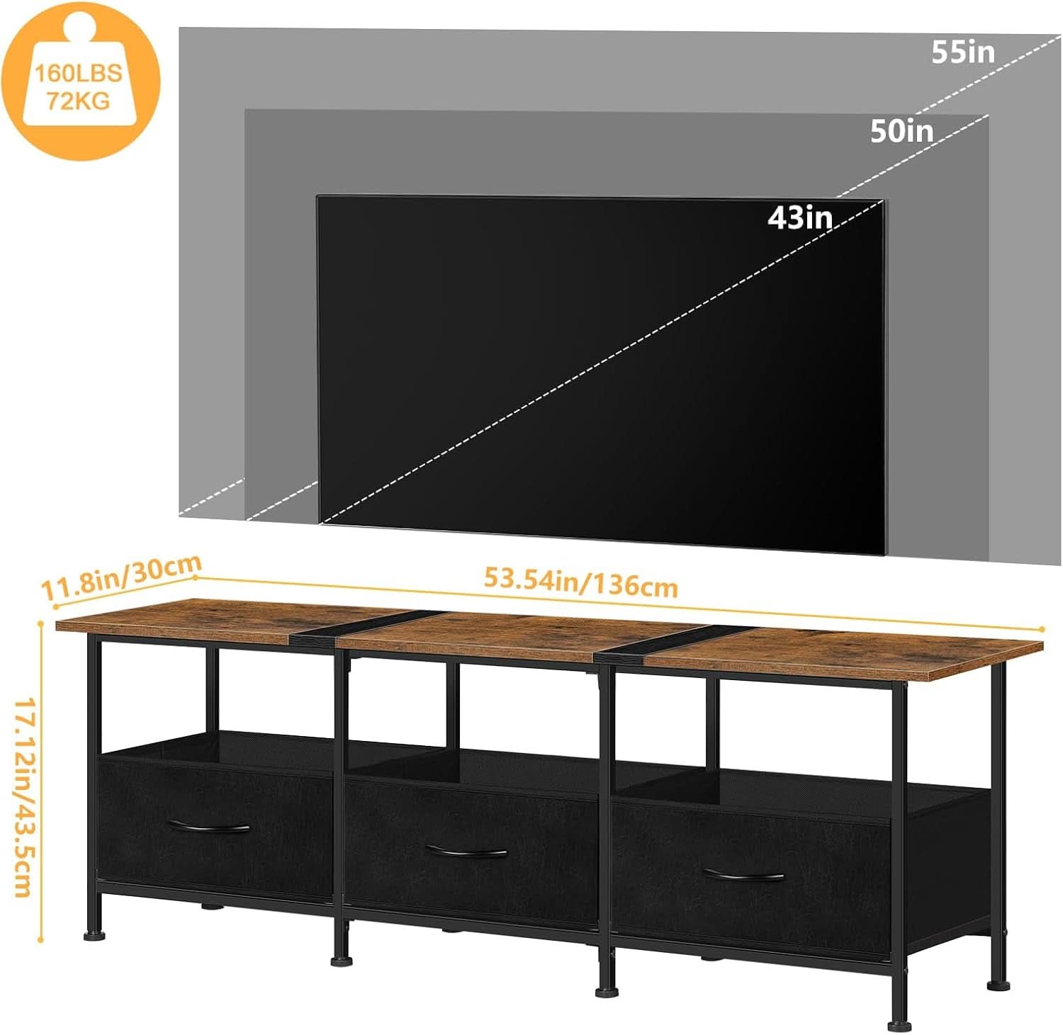 Brown industrial TV stand with metal frame, wood top, open shelves, and fabric storage drawers. — view 2