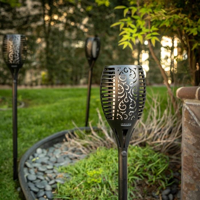 SolaFlame 96LED flickering flame outdoor solar lights with versatile ground and wall mounts in black — view 4