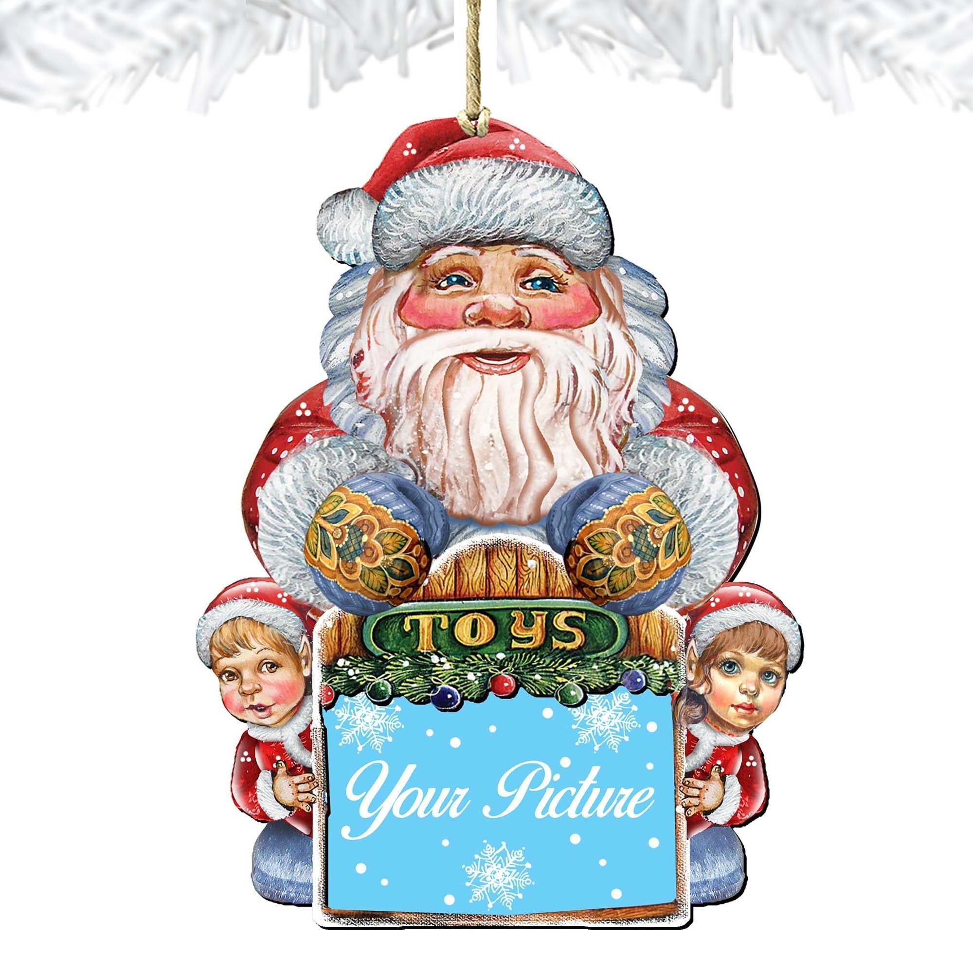 Santa picture frame ornament in handcrafted birch wood with vintage snowman and holiday art details — view 4