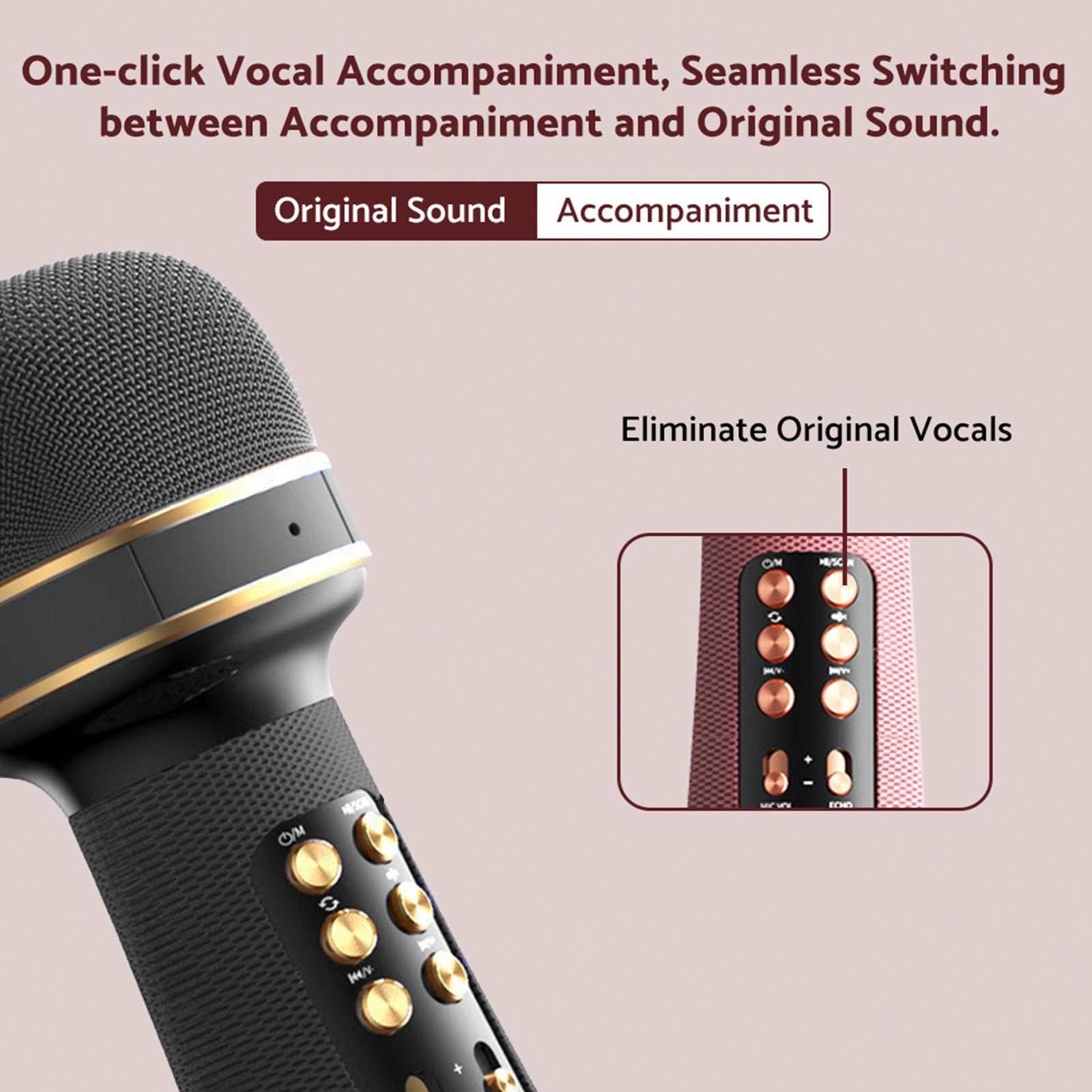 Wireless bluetooth portable karaoke microphone with built-in speaker in pink or black finish — view 5