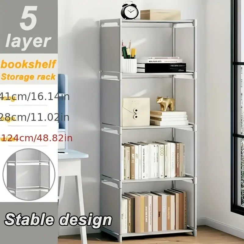 Modern five-tier bookshelf with electroplated steel frame and durable plastic shelves for home organization — view 4