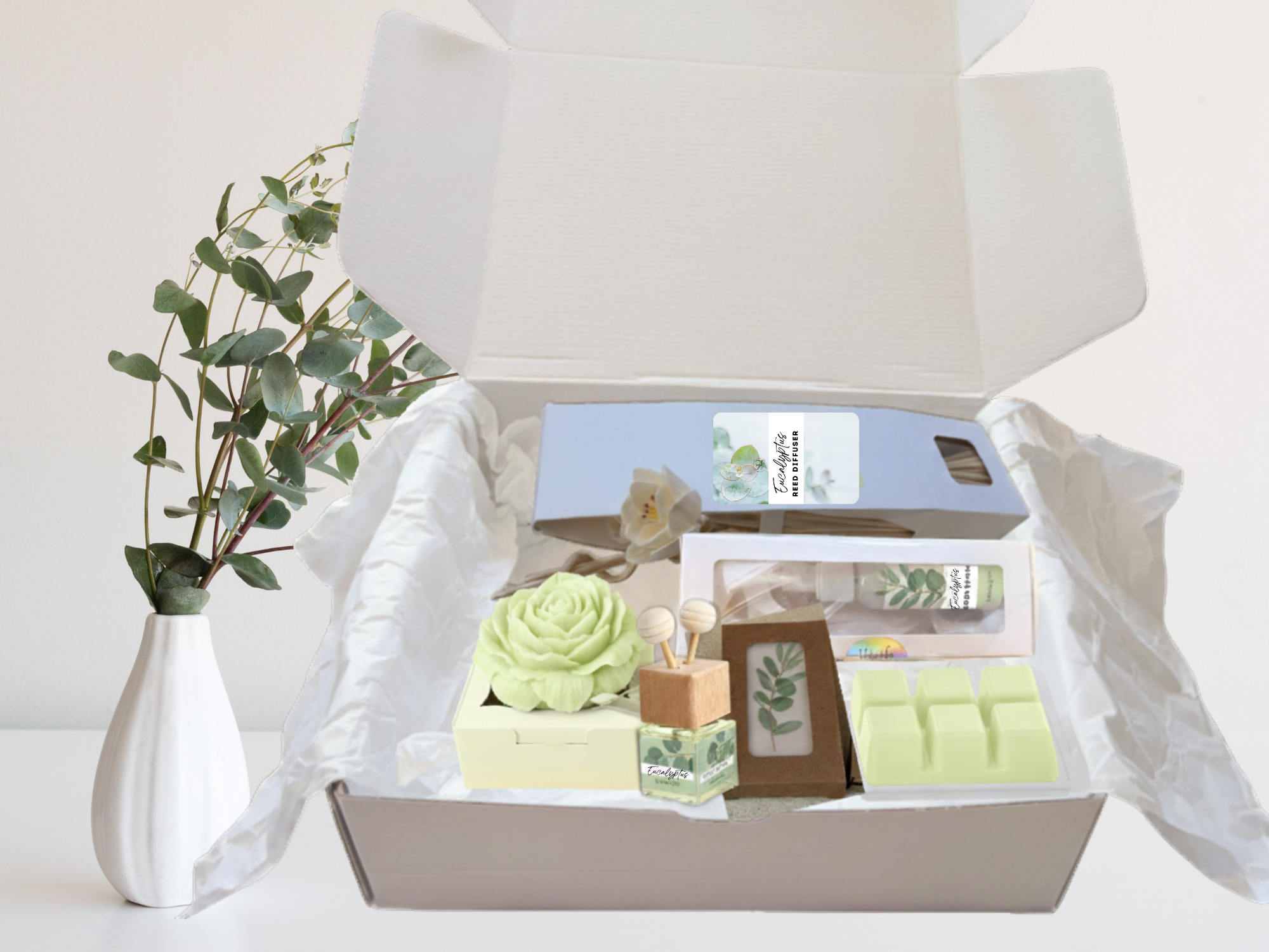 Eucalyptus retreat aromatherapy gift box with room spray, diffusers, and wax melts — view 4
