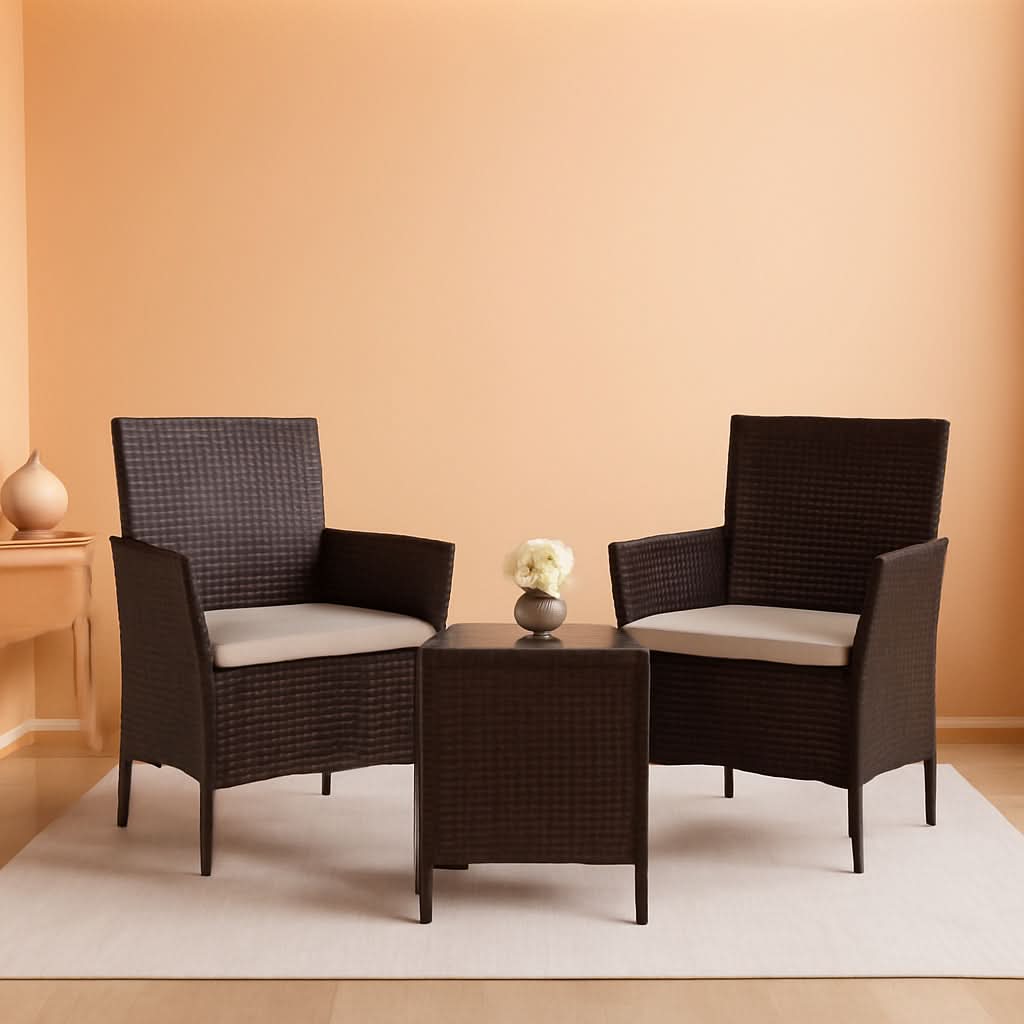 Three piece brown rattan outdoor patio set with two cushioned chairs and a tempered glass table