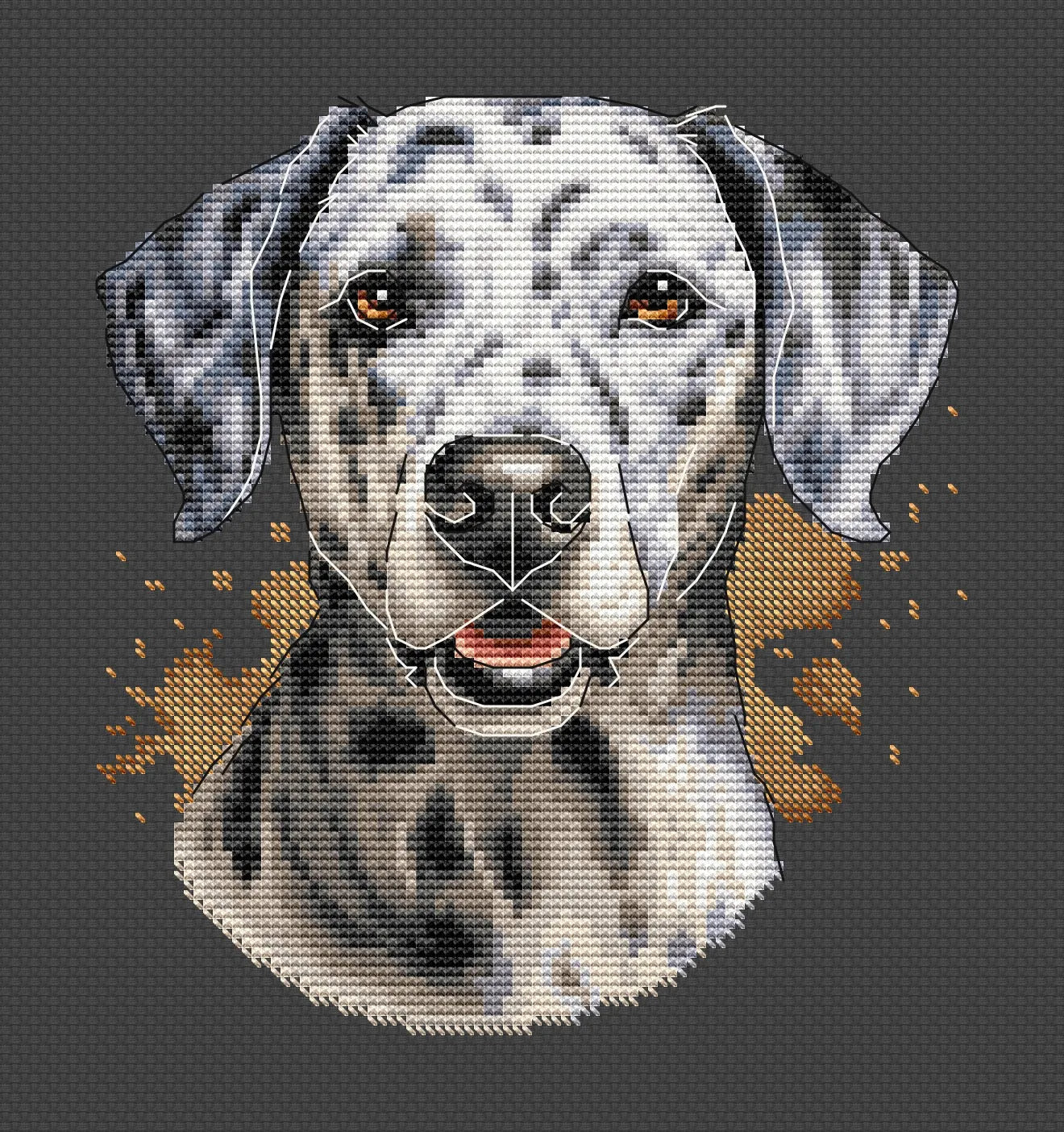 Finished Dalmatian dog cross stitch portrait pattern showing a white dog with black spots — view 5