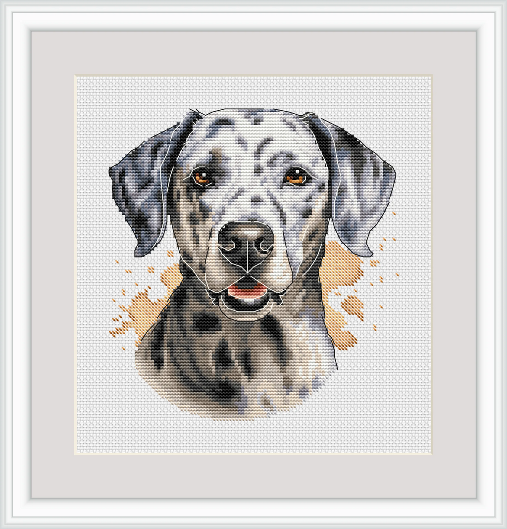 Finished Dalmatian dog cross stitch portrait pattern showing a white dog with black spots — view 4