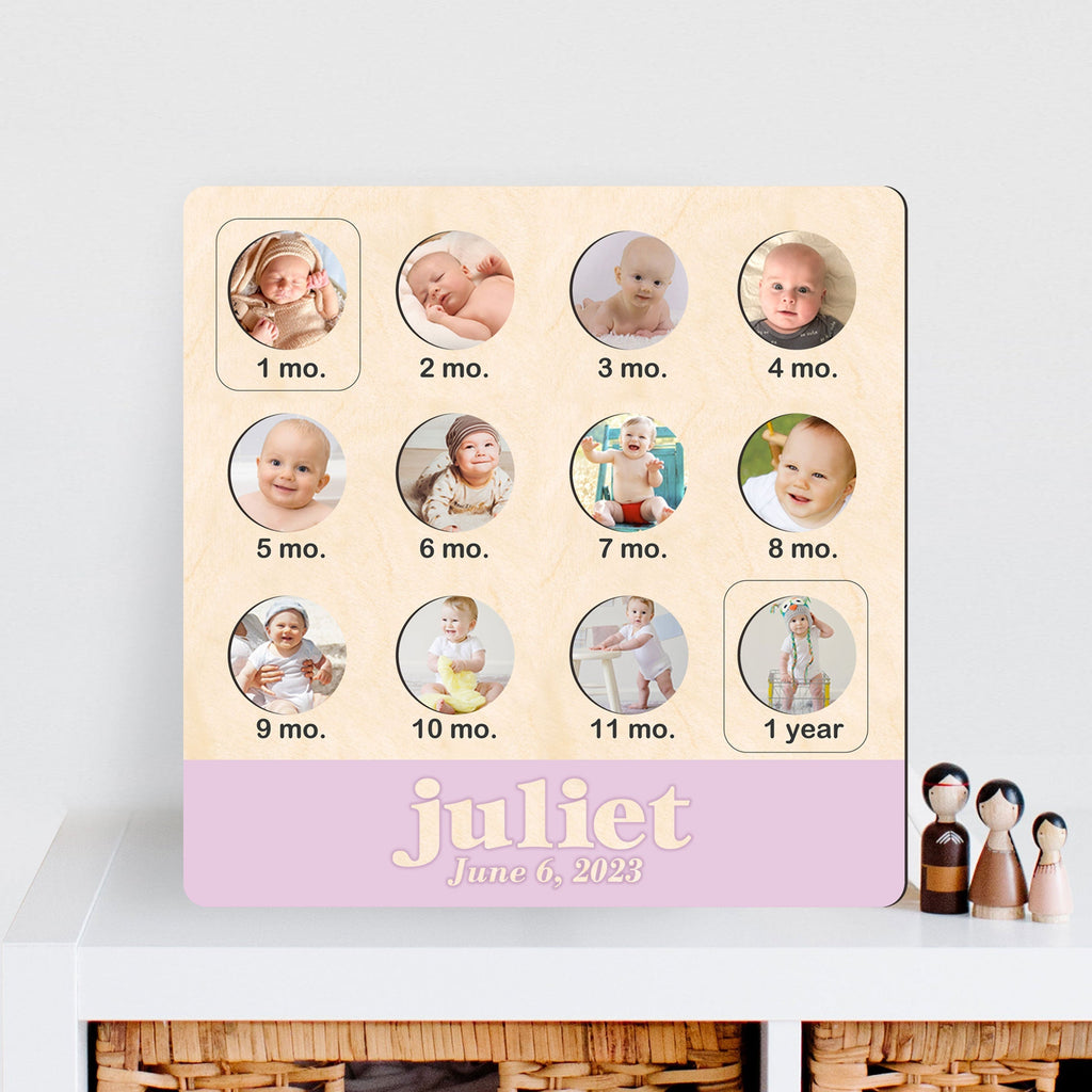Custom wooden baby first year milestone photo collage board with monthly picture frames and personalized name — view 2