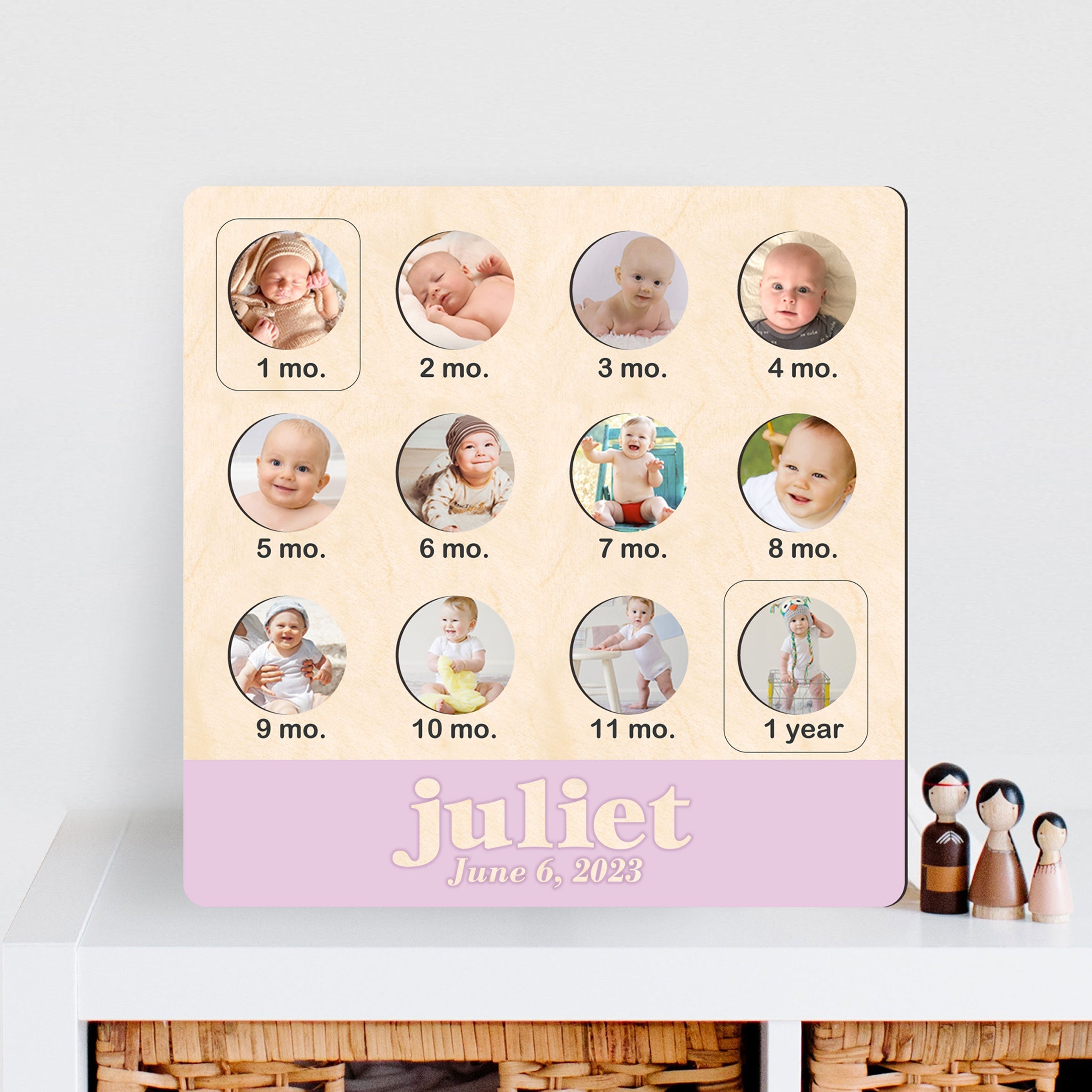 Custom wooden baby first year milestone photo collage board with monthly picture frames and personalized name — view 2