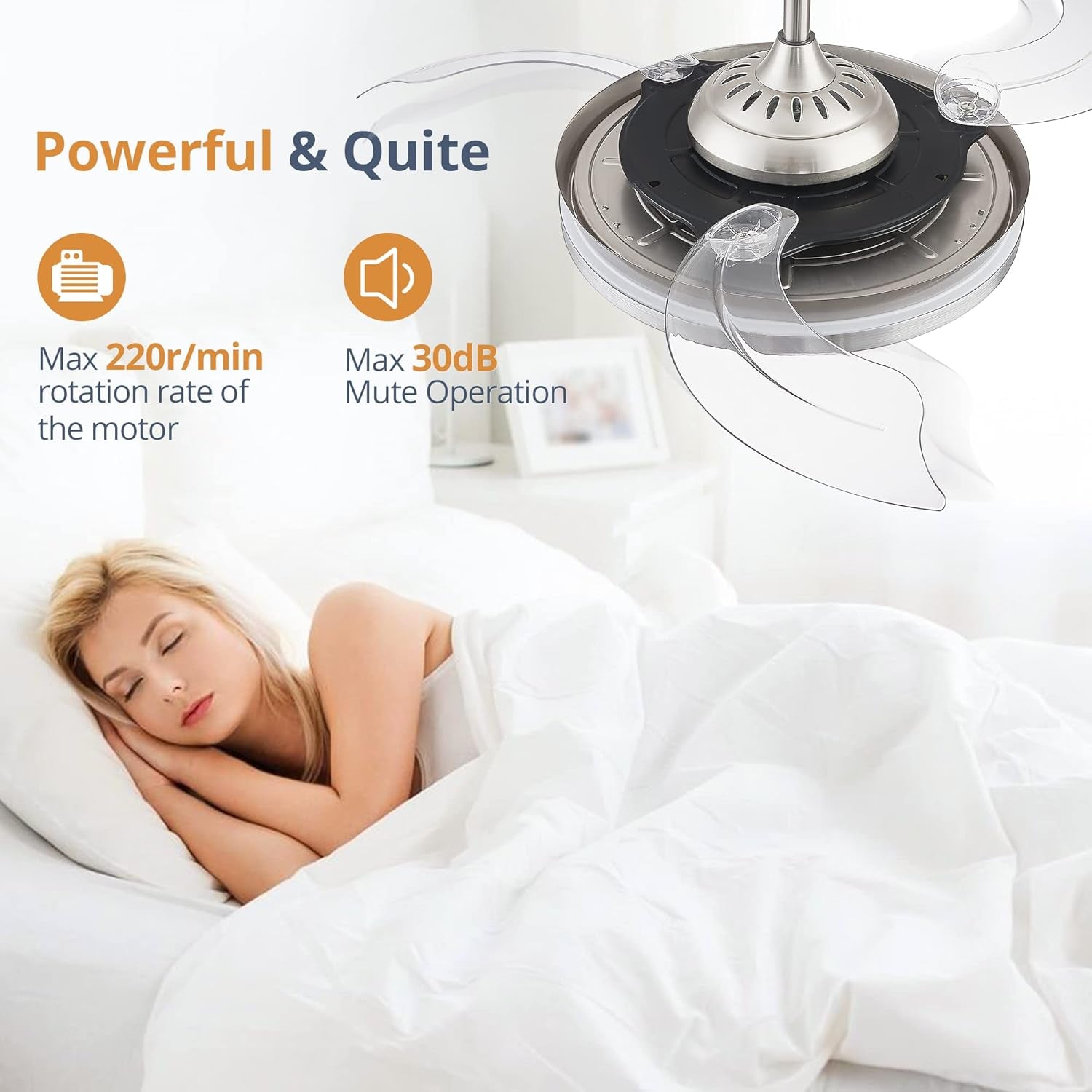 42 inch LED ceiling fan in brushed nickel with transparent retractable blades and light fixture — view 2