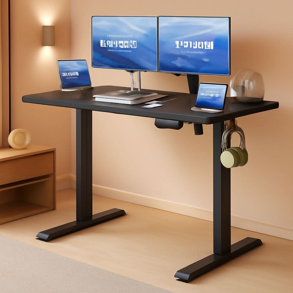 Modern electric adjustable standing desk with a 48x24 wooden desktop and sturdy black steel frame