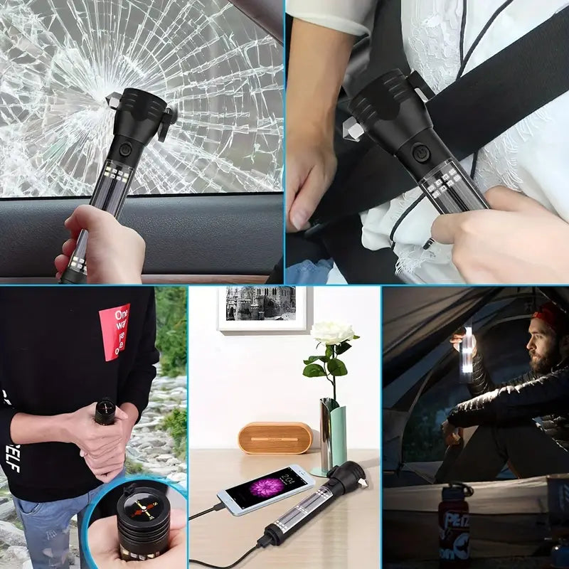 Black multi-functional 5-in-1 solar power LED flashlight with survival compass, hammer, and seatbelt cutter. — view 4