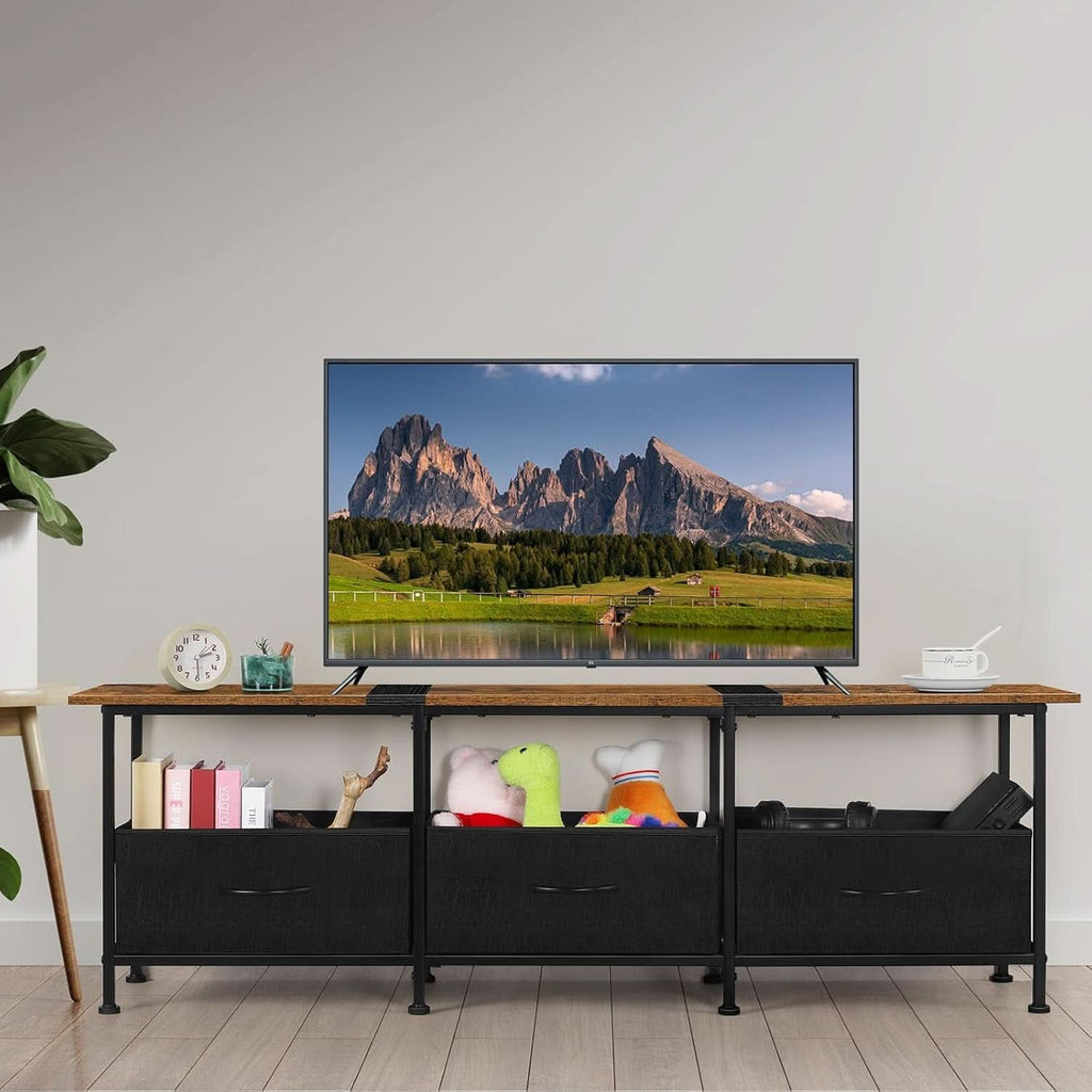 Brown industrial TV stand with metal frame, wood top, open shelves, and fabric storage drawers. — view 4