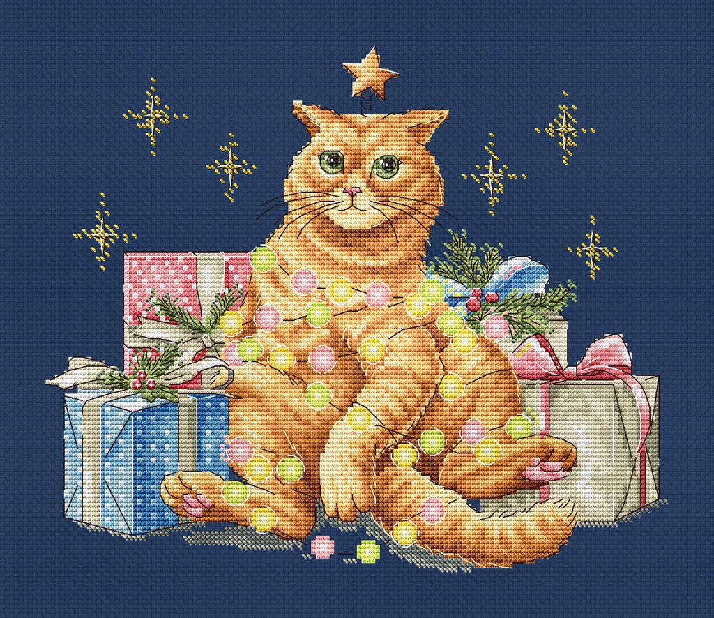Festive orange cat cross stitch pattern design featuring colorful garland and a Christmas star. — view 4