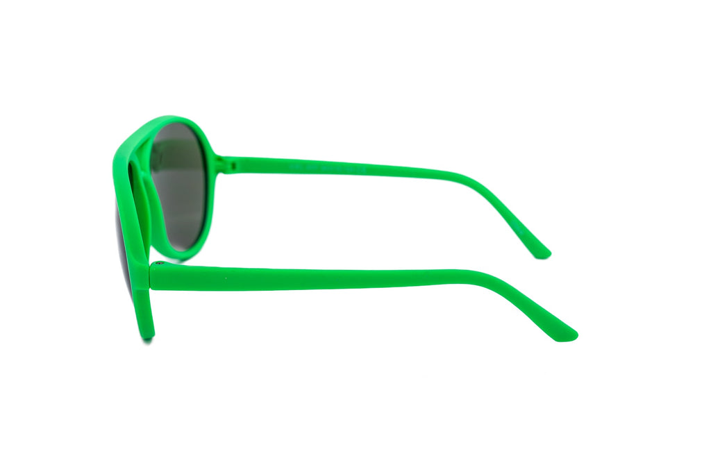 Neon green kids aviator sunglasses with dark smoke lenses and matte finish polycarbonate frame — view 3