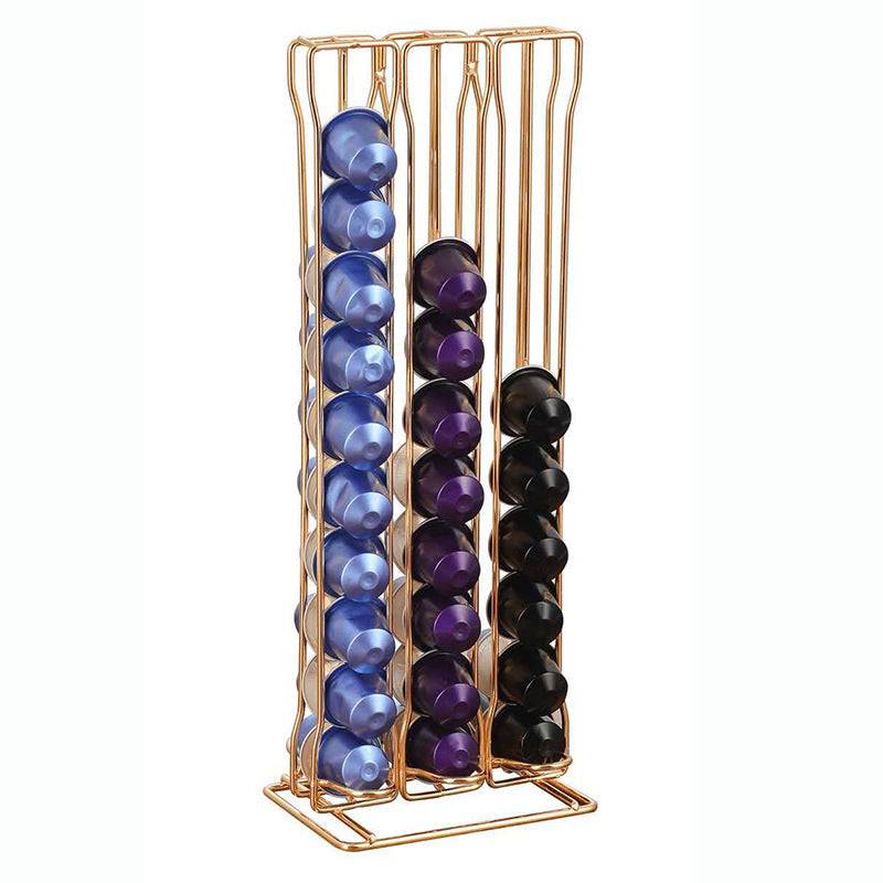 Coffee capsule rack in sleek iron wire, organizing espresso pods on a modern kitchen desktop.