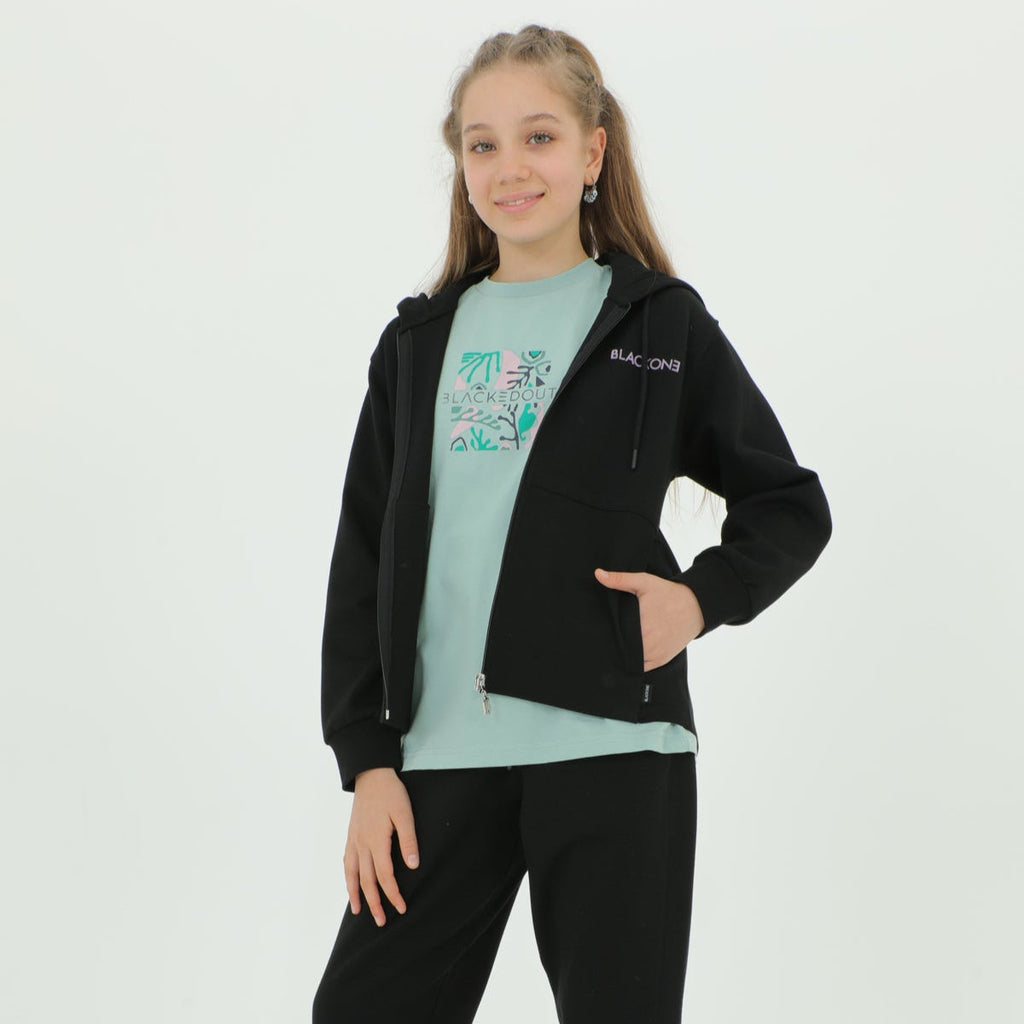 Zip-up hoodie girls jogger set in grey and black with elastic waistband and snug ankle cuffs — view 5