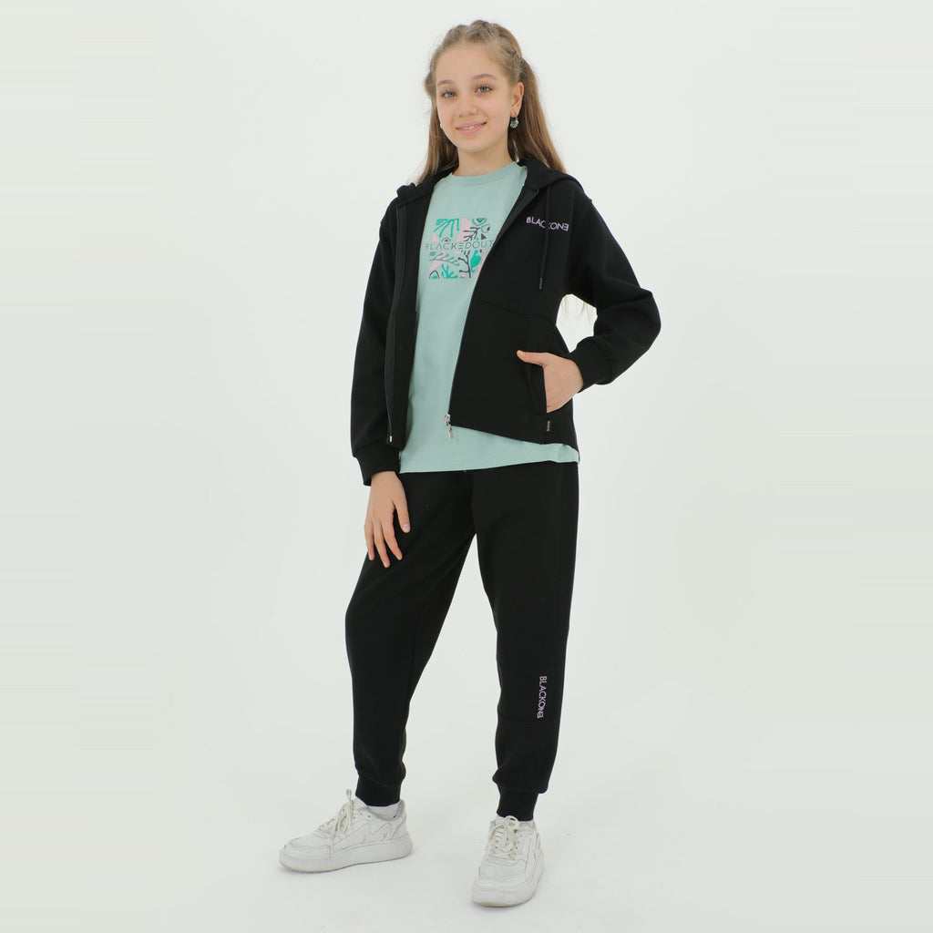 Zip-up hoodie girls jogger set in grey and black with elastic waistband and snug ankle cuffs — view 2